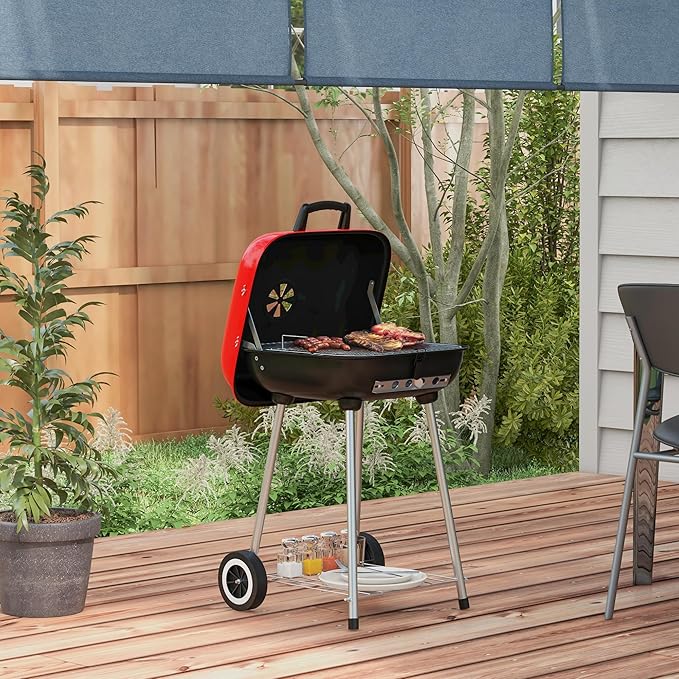 Portable Charcoal Grill with Bottom Shelf, BBQ Smoker with Wheels and Adjustable Vents on Lid for Picnic Camping Backyard Cooking, Black
