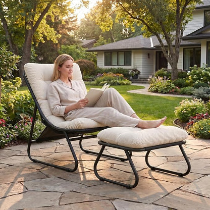 Rocking Chair with Ottoman, Modern Metal Frame Outdoor Rocker, Comfy Patio Lounge Chair with Footrest, Reading Glider Chairs for Living Room, Bedroom, Balcony, Garden, Relax, White