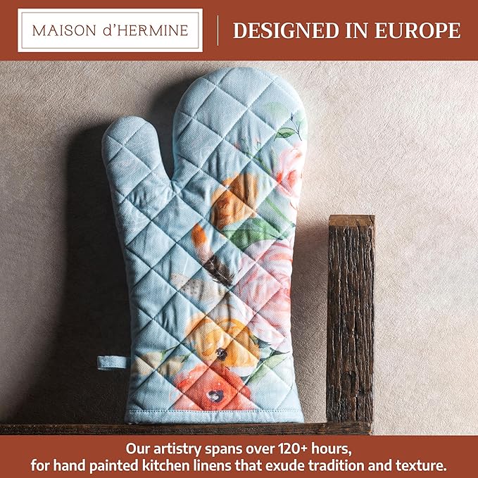 Maison d'Hermine Oven Gloves 100% Cotton Oven Mitt 7" x 13" with Loop Heat Resistant BBQ Cooking Gloves Baking Grilling Kitchen Hotel Home Farmhouse Spring Summer (Pack of 1, Ibiza - Blue)