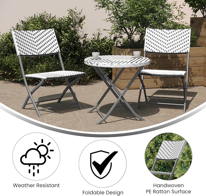 Flash Furniture Rouen Commercial Grade Folding Bistro Set, Indoor/Outdoor PE Rattan Table Top, Back and Seat, Charcoal Steel Frames, 3 Piece Set, Gray/White