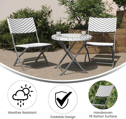 Flash Furniture Rouen Commercial Grade Folding Bistro Set, Indoor/Outdoor PE Rattan Table Top, Back and Seat, Charcoal Steel Frames, 3 Piece Set, Gray/White