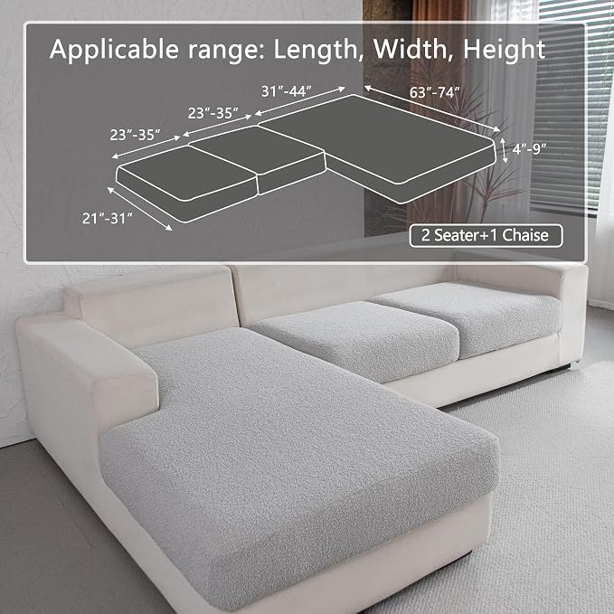 OHSIO Couch Cushion Covers for Sectional Sofa, Stretch Soft Sofa Slipcovers Washable Wear-Resistant Universal Furniture Protector for Living Room(2 Seaters Covers+1 Chaise Cover, Light Gray)