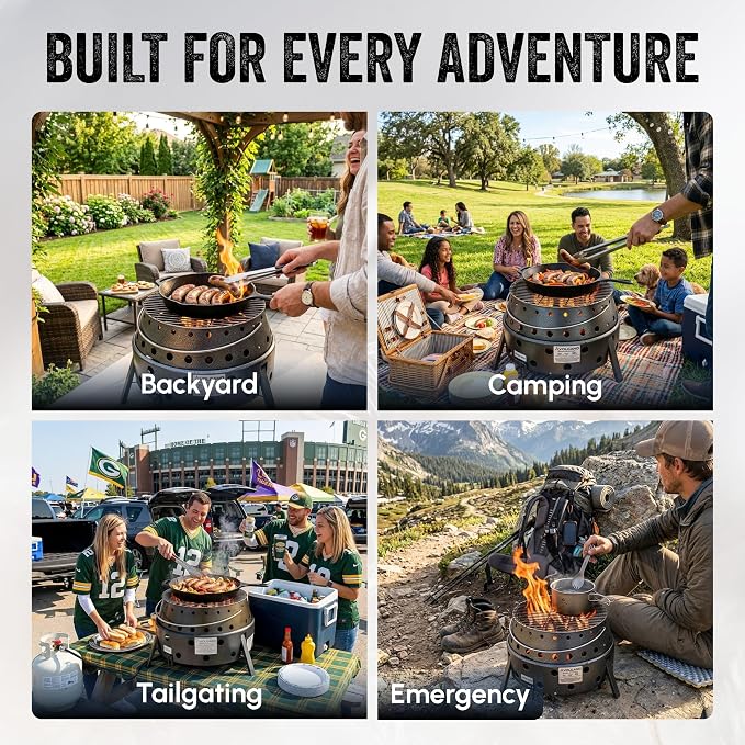 Volcano 2 Collapsible Grill Bundle, Portable Charcoal/Wood Grill Stove with Burner Ring Accessory, Folding Steel Camp Cooker, Carry Case Included for Camping, Tailgating & Outdoor Cooking