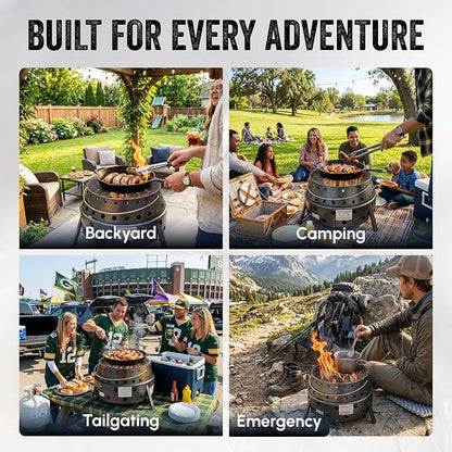 Volcano 2 Collapsible Grill Bundle, Portable Charcoal/Wood Grill Stove with Burner Ring Accessory, Folding Steel Camp Cooker, Carry Case Included for Camping, Tailgating & Outdoor Cooking