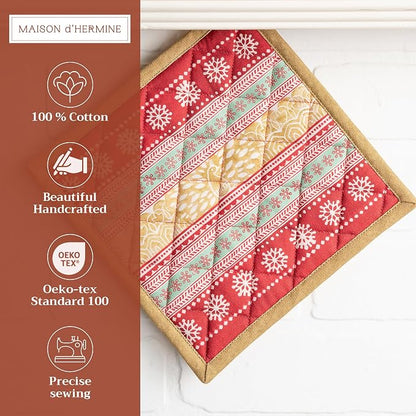 Maison d' Hermine Pot Holders 100% Cotton Potholders (8" x 8", Pack of 1) | Heat Resistant Hot Pads with Loop BBQ Cooking Baking Hotel Kitchen Handling Hot Pans Thanksgiving Christmas - Sofia