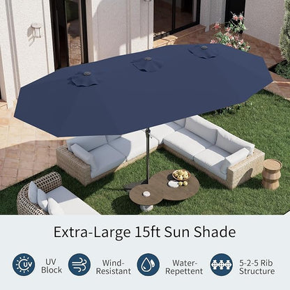 PatioKingdom 15FT Large Patio Umbrella with Base, Double Sided Rectangular Outdoor Umbrella with Sturdy Fiberglass Ribs, Market Umbrella for Pool,Garden,Backyard,Deck (Navy, 15FT)