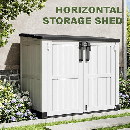 Plastic Outdoor Storage Shed, 36 Cu Ft Waterproof Outdoor Storage Cabinet with Dual Lock Door for Backyard, Patio, Garage, Garden to Store Tools & Accessories, Wood-Grain（Ashen