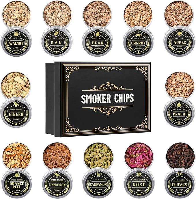 ComboJoy 12 Flavor Cocktail Smoker Wood Chips Gift Set for Men - Cinnamon, Cloves, Orange Peel, Cardamom, Rose, Ginger, Pear, Peach, Cherry, Apple, Oak, Walnut for Whiskey/Bourbon/Drinks Smoke Gun
