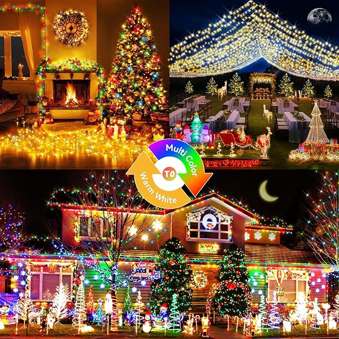 Hezbjiti 403FT 1000LED Color Changing Christmas Lights Outdoor, 11 Modes String Lights IP44 Waterproof Fairy Lights for Party Wedding Tree Decorations (Warm White and Multicolor, Green Wire)