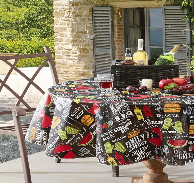 Newbridge Grill King Barbecue Print Vinyl Flannel Backed Tablecloth, Novelty Grilling Design Waterproof Patio, BBQ, Picnic, Indoor Outdoor Tablecloth, 60 Inch x 84 Inch Oval