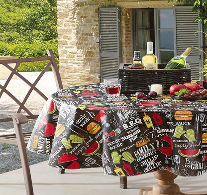 Newbridge Grill King Barbecue Print Vinyl Flannel Backed Tablecloth, Novelty Grilling Design Waterproof Patio, BBQ, Picnic, Indoor Outdoor Tablecloth, 60 Inch x 84 Inch Oval
