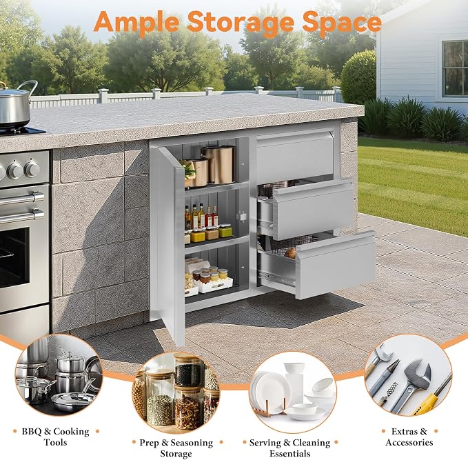 Jocisland 28-Inch Stainless Steel Outdoor Kitchen Drawer Cabinet | 28 W x 20 D x 23 H In, 3-Tier Cabinet and 3-Drawer Combo, Built-In BBQ Island Storage
