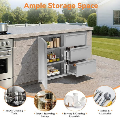 Jocisland 28-Inch Stainless Steel Outdoor Kitchen Drawer Cabinet | 28 W x 20 D x 23 H In, 3-Tier Cabinet and 3-Drawer Combo, Built-In BBQ Island Storage
