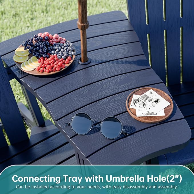 Shintenchi Adirondack Chairs Set of 2,HDPE Adirondack Chair w/Removable Tablelop & Umbrella Hole,All-Weather Wooden Textured Plastic Outdoor Chairs w/Cup Holder for Garden Backyard Pool,Dark Blue