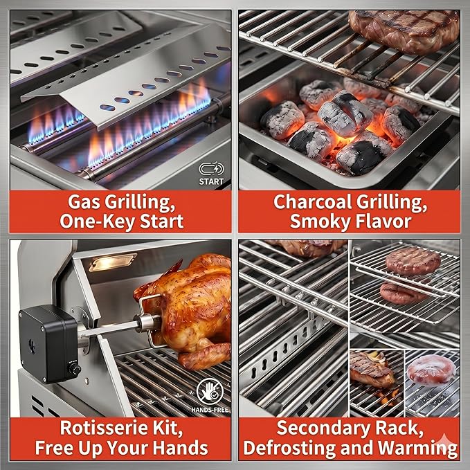 Premium 5-Burner (Including Rear Burner) Built-in Gas/Charcoal Grill — Portable 304 Stainless Steel Outdoor Grill with 12,000 BTU High-Power Output, 495 Sq. In. Cooking Area (31-IN)