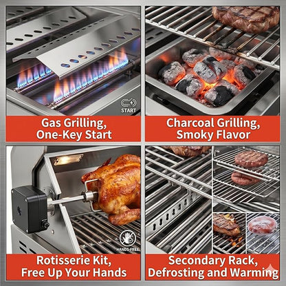 Premium 5-Burner (Including Rear Burner) Built-in Gas/Charcoal Grill — Portable 304 Stainless Steel Outdoor Grill with 12,000 BTU High-Power Output, 495 Sq. In. Cooking Area (31-IN)