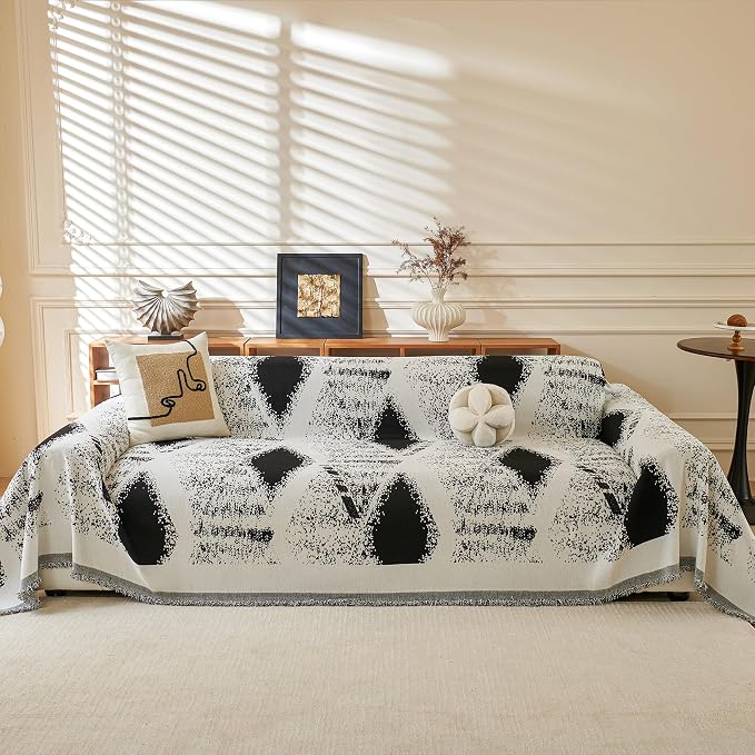 MYSKY HOME Boho Couch Cover for Dogs Washable Black Rhombic Couch Sofa Protector for Loveseat Sofa with Pets Friendly Chenille Geometric Sofa Covers Soft Durable Farmhouse Sofa Slipcovers, 71" X102"
