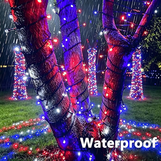 Joomer Red Blue White String Lights Outdoor, 164FT 500LED RGB Lights with Remote Timer Memory, Waterproof Indoor Outdoor 4th of July Independence Day Memorial Day Patriotic Yard Garden Decor