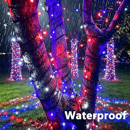 Joomer Red Blue White String Lights Outdoor, 164FT 500LED RGB Lights with Remote Timer Memory, Waterproof Indoor Outdoor 4th of July Independence Day Memorial Day Patriotic Yard Garden Decor