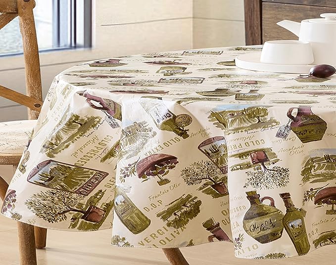 Newbridge 60 x 84 Inch Oval Vinyl Tablecloth with Flannel Backing, Lucca Olive Oil Print, Indoor Outdoor Waterproof Table Cover, Picnic, Barbeque, Patio and Kitchen Dining, Tuscan Countryside
