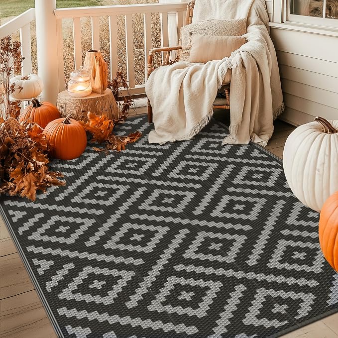 GENIMO Outdoor Rug 4x6 Waterproof, Reversible Mats, Outdoor Area Rug, Plastic Outside Carpet, Eeometric Rv Mat for Patio Camping Rv Picnic Backyard Deck Balcony Porch Beach (Black & Grey) | Outside Larger Modern Carpet Mat for Porch Decor, Deck, Balcon...