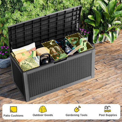PatioZen 120 Gallon Deck Box,Resin Outdoor Storage Box with Lockable for Patio Furniture, Pool Accessories, Garden Tools Waterproof Outside Storage Box (Black)