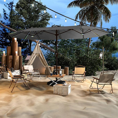 AreShark 15FT Large Rectangular Patio Umbrella with Solar Lights, Gray | Rectangle Lighted Outdoor Umbrella with Crank, Double-Sided Market Umbrella with Base for Porch, Lawn, Pool, Backyard