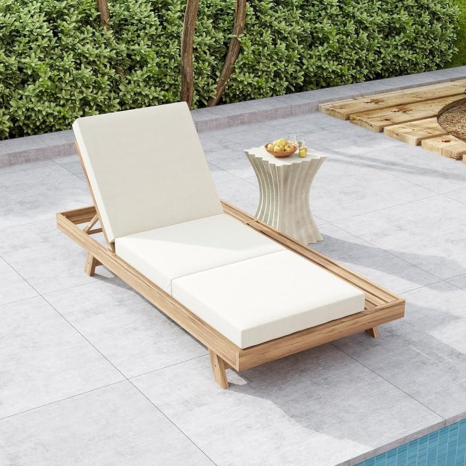 Christopher Knight Home Dami Patio Chaise Lounge Chair Outdoor with Foldable Cushion, Acacia Wood Poolside Sun Lounger, Space Available On One Side, Adjustable Backrest Pool Lounger, Light Brown+Cream
