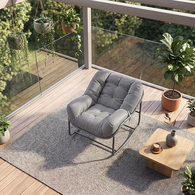 GarveeLife Outdoor Lazy Rocking Chair, Single Metal Rocker with Ergonomic Design, Gray, Heavy Duty, for Yard or Deck Use