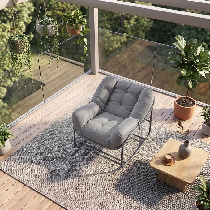 Patio Rocking Chair Set,Indoor Outdoor Rocking Chair,Papasan Chairs with Cushion,Wicker Egg Rockers, Lounge Chair for Patio, Living Room, Bedroom, or Porch,Gray