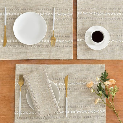 Wracra Cotton Linen Place Mats, Coffee Embroidered Placemats Set of 4 | Placemats 12 x 18 Inch; Cotton Linen Woven Fabric; Heat Resistant Table Mats; Raised Embroidered Hollow Design