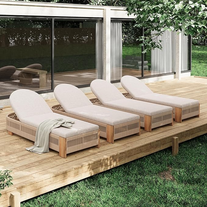 Merax 4-Piece Outdoor Chaise Lounge Chair with Adjustable Backrest & Waterproof Cushion - Acacia Wood Pool Sun Lounger for Patio, Beach, Yard, Garden, Beige
