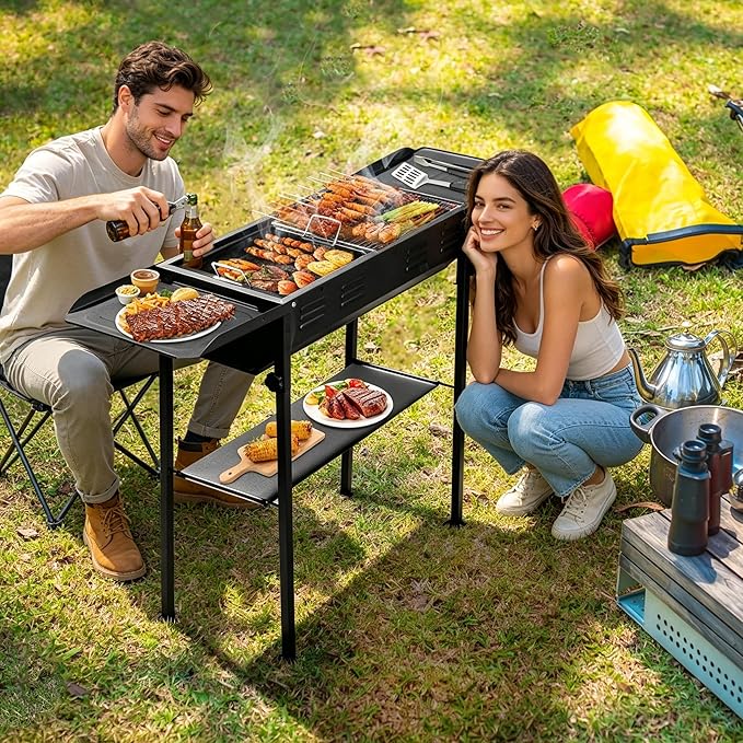 Portable Charcoal BBQ Grill, Foldable Smoker Tall Barbecue Grill Charcoal Outdoor Lightweight for Cooking Camping Hiking Picnics Tailgating Backpacking Garden Beach Party (47"L x 30.31"H)