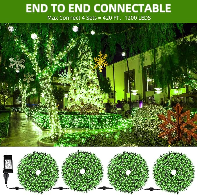 MZD8391 105FT 300LED Christmas Light Outdoor Indoor,Christmas Tree Light | Green, 100% UL Listed, Waterproof, 8 Light Modes, Timer & Memory, End To End Connect, Christmas String Light Outdoor Indoor