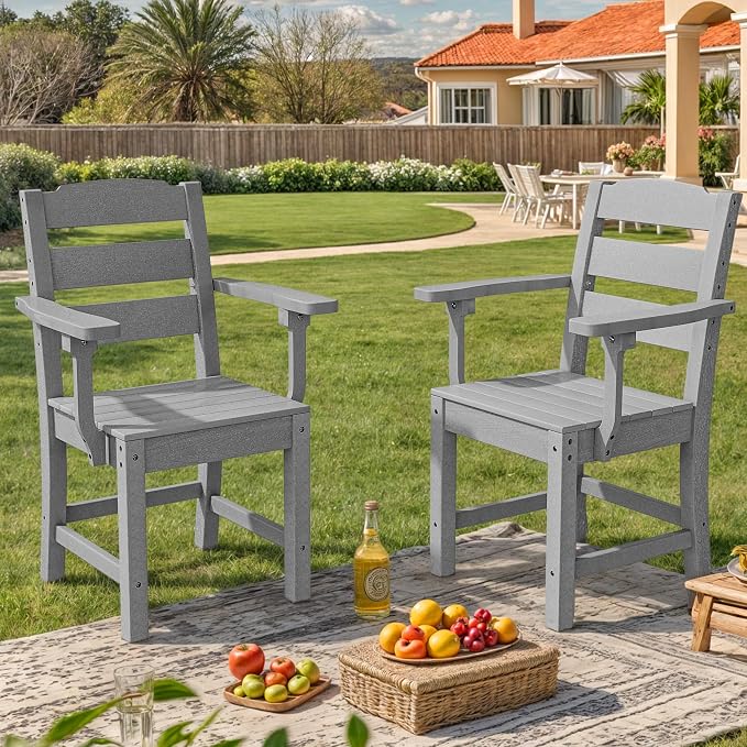 YITAHOME Wood-Grain Textured Resin Chairs Set of 2, Sturdy Patio Chair w/Max Bearing 330 LBS, All-Weather Outdoor Patio Chairs for Terrace, Garden, Backyard, Poolside, Gray