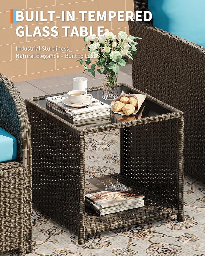 Garvee 5-Piece Outdoor Patio Conversation Set with Hidden Ottomans | PE Rattan Wicker Patio Furniture with Soft Cushions & Glass Coffee Table, Outdoor Lounge Chairs for Porch, Backyard (Blue)