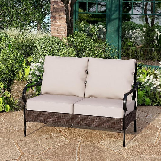 PHI VILLA Wicker & Metal Outdoor 2-Seat Patio Couch,Patio Sofa Loveseat with Deep Seating for Front Porch, Deck, Balcony, Backyard, Sunroom