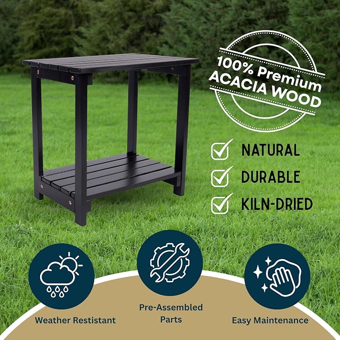 Shine Company Indoor/Outdoor Providence Rectangular Acacia Wooden Side Table, Black