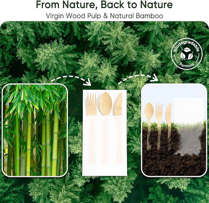 Napkin and Bamboo Cutlery Set, Compostable Utensils Disposable Cutlery for Party, Wedding, BBQ, Camping, Events-100 Pack (Forks, Knives, Spoons, Folded Napkins)