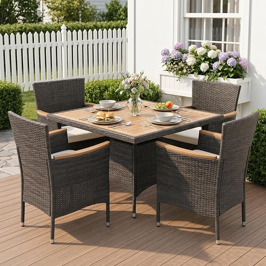 Wisteria Lane 5-Pieces Patio Table and Chairs Set, Rattan Patio Table Set with Acacia Wood Tabletop, Patio Outdoor Dining Set for 4, Patio Furniture Set with Cushions for Deck Garden Backyard, Grey