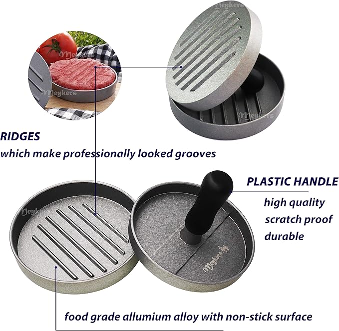 Meykers Burger Press 100 Patty Papers Set | Non-Stick Hamburger Press Patty Maker Mold with Free Wax Paper Sheets | Meat Beef Cheese Veggie Burger Maker for Grill Griddle BBQ Barbecue | BPA Free