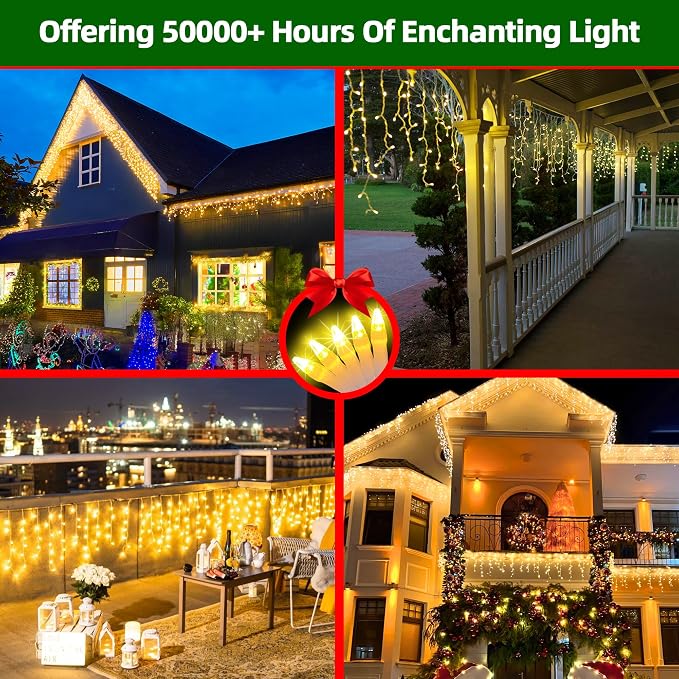 1332 LED 132FT Christmas Lights,296 Drops Icicle Lights with 12 Modes | Warm White Icicle String Lights with Timer and Dimming for Long Rooflines, Wide Eaves, Storefronts and Wedding Backdrops