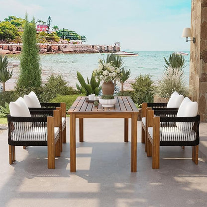 Merax Luxury 5-Piece Outdoor Patio Dining Set for 4, Solid Acacia Wood Dinning Set with Rope Woven Chairs,Farmhouse Dining Furniture Set for Garden, Backyard, Poolside, Brown+Black