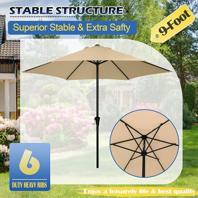 Sunnyglade 9FT Outdoor Patio Umbrella, Market & Table Umbrella with 6 Sturdy Ribs and Crank System, Fade-resistant & Waterproof for Garden Backyard Poolside Deck