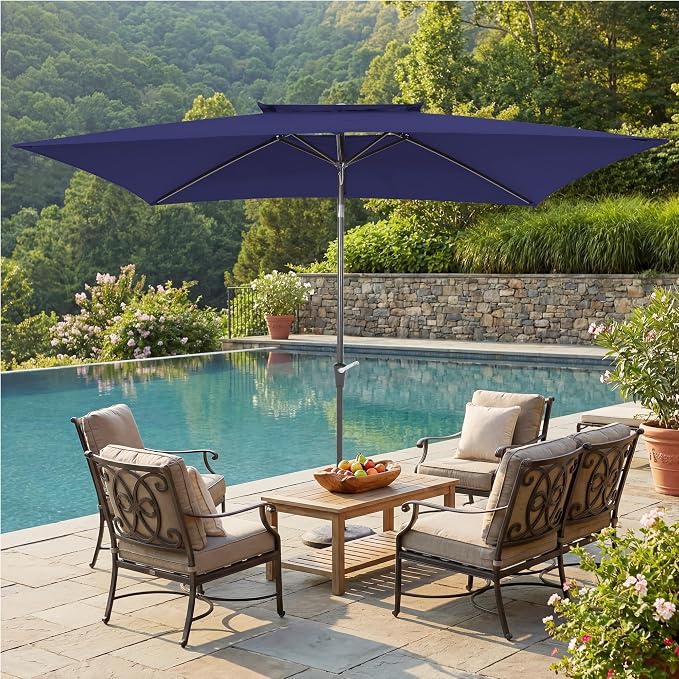 6.6 x 10 ft Rectangular Patio Umbrella, Outdoor Market Table Umbrella with Push Button Tilt and Crank, Double-Tier Vent, 6 Ribs, Rectangle Patio Umbrella for Backyard, Deck, Pool, Fits 4–6 Chairs and Tables (Navy)