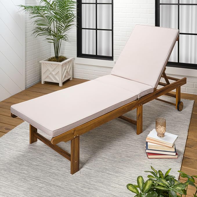 JONATHAN Y Mallorca 23.62" x 77.17" Acacia Wood Chaise Lounge, Beige | 5-Position Reclining Back, Foldable Frame, Dual Rear Wheels, Included Cushion, Teak Brown Finish, Armless Slat, Coastal Style