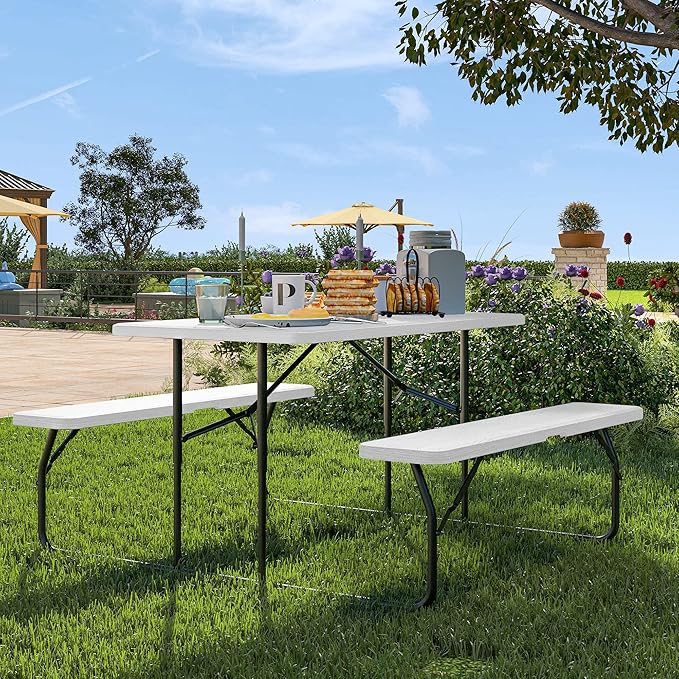 YITAHOME Heavy Duty Picnic Table Outdoor Picnic Table and Bench with Weatherproof Resin Tabletop & Stable Steel Frame for Yard Patio Lawn Party White