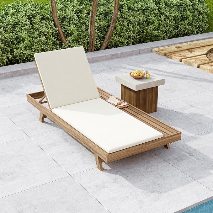 Christopher Knight Home Dami Patio Chaise Lounge Chair Outdoor with 2-Thick Cushion, Acacia Wood Poolside Sun Lounger, Space Available On One Side, Adjustable Backrest Pool Lounger, Light Brown+Cream