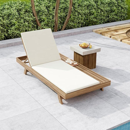 Christopher Knight Home Dami Patio Chaise Lounge Chair Outdoor with 2-Thick Cushion, Acacia Wood Poolside Sun Lounger, Space Available On One Side, Adjustable Backrest Pool Lounger, Light Brown+Cream