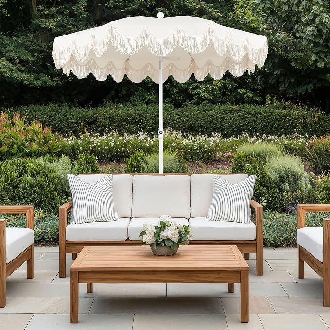 JONATHAN Y Mariner 6.5 ft. Solid Fringe Beach Umbrella, Cream | Push-Button Tilt, UV 50 Protection, Matching Carry Bag, White Iron Pole, Wind Vent, Scalloped Round Canopy